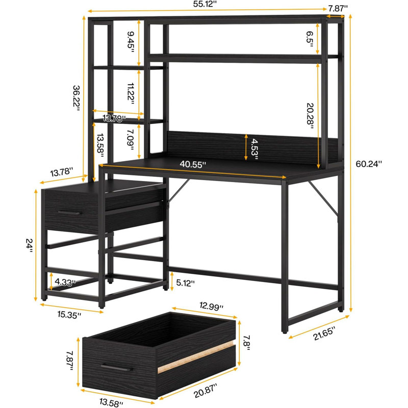 Bureaux multifonctionnels avec rangement, métal noir et bois, bureau industriel