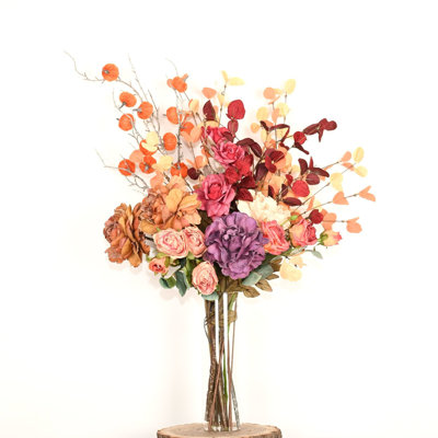 36" Artificial Peony Fall Floral Arrangement In Glass Vase, Blossom Cluster Foliage Leaves Fall Sprays Faux Flowers For Dining Table Centerpieces Indoor Decoration