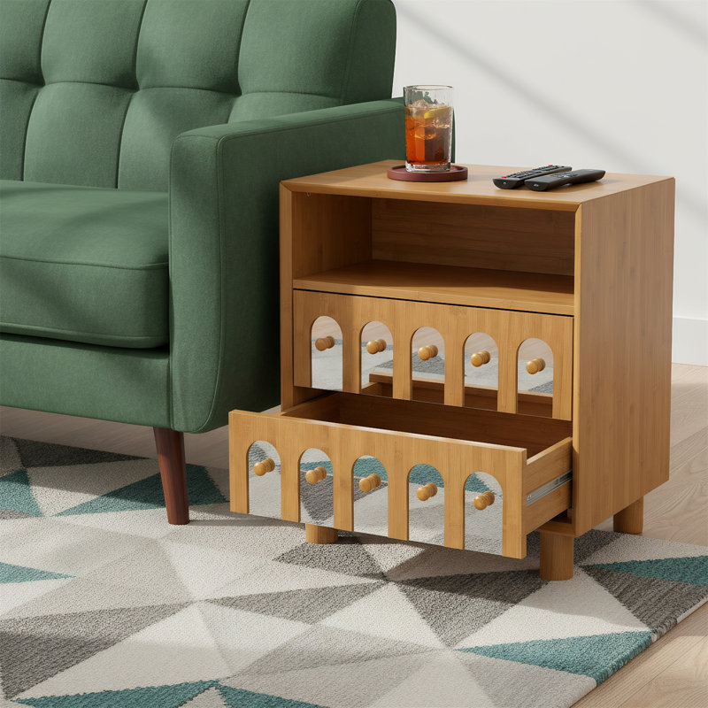 Bedside Table With Two Drawers And Charging Station, Natural
