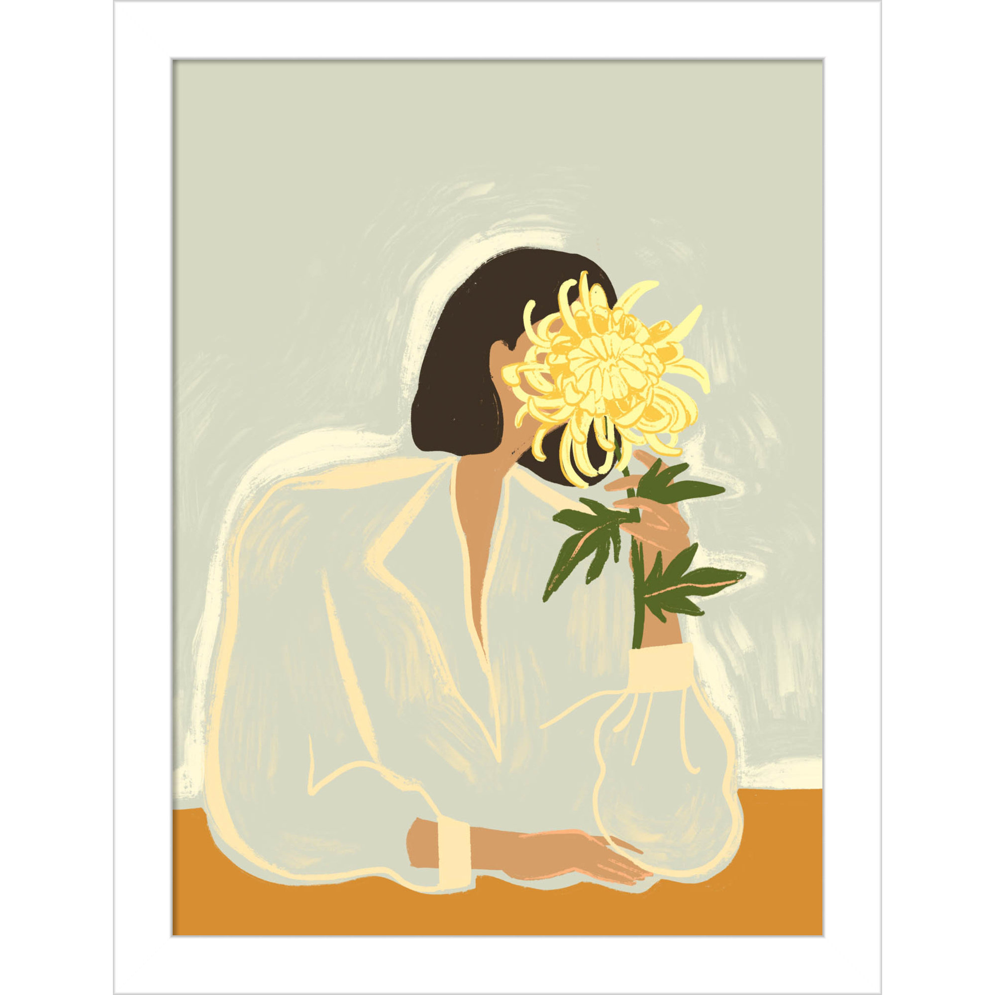 Lady With Chrysanthemum by Arty Guava Wood Framed Wall Art Print, White, 13" H x 10" W