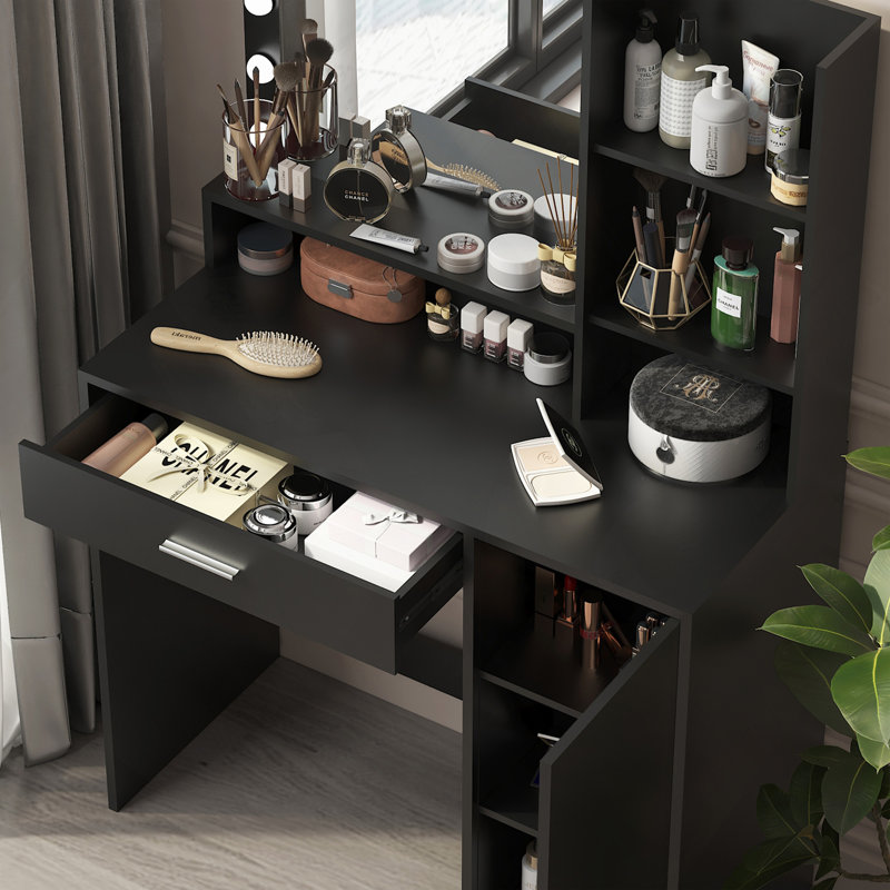 Bureau de coiffeuse avec miroir et lumière, commode de rangement à trois niveaux avec grand tiroir, 3 modes d'éclairage à luminosité réglable, coiffeuse de chambre à coucher (noir)