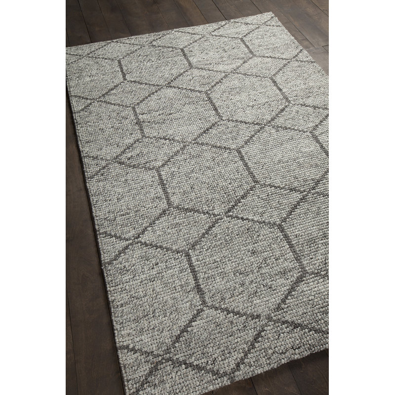 Saltzman Geometric Handmade Wool Area Rug, Rectangle 5' x 7'6", Silver