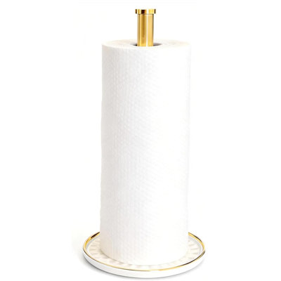Countertop Paper Towel Holder with Weighted Ceramic Base, Golden Kitchen Paper Roll Dispenser Fits Standard & Large Size Paper Towel Rolls