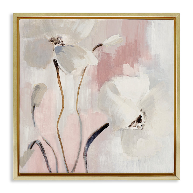 Abstrait, "White Blooms Gray", encadrée par Lanie Loreth, Cadre flottant métallique doré, H 18 po x l 18 po