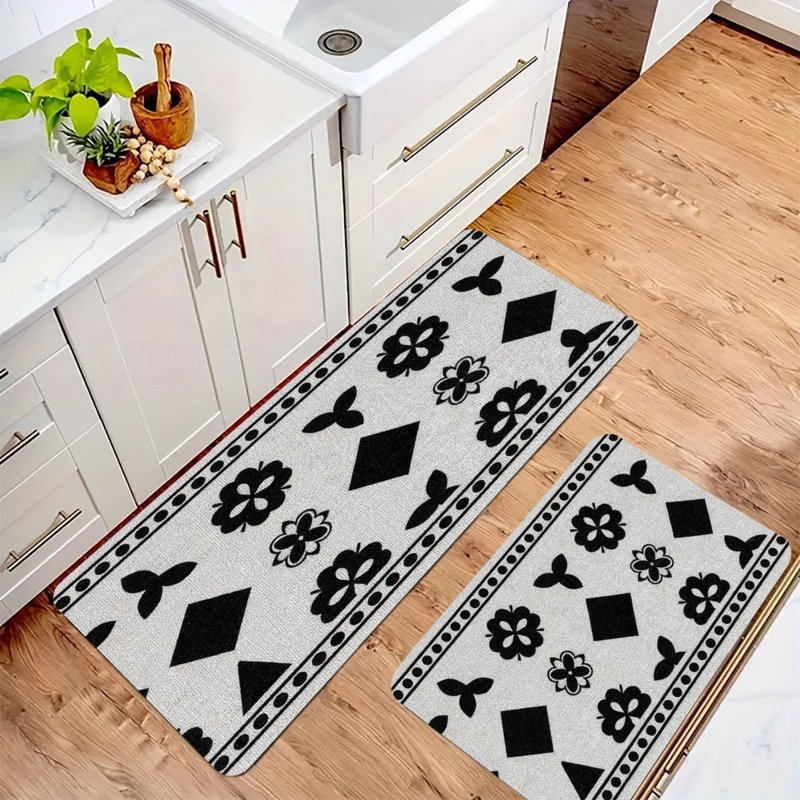 Black Floral Geometric, Kitchen Mats Set of 2, Black Floral