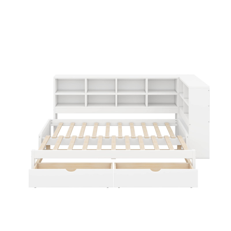 Lit de jour en bois avec deux tiroirs de rangement, 12 armoires de rangement, lumières DEL et station de charge, Blanc