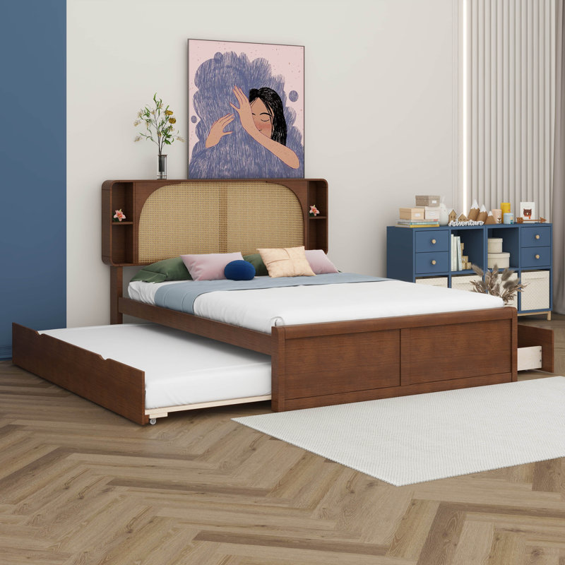 Queen Size Rattan Bed Frame With Trundle And Two Drawers, Rustic Bed Frame With 4 Storage Compartments In Headborad For Adults