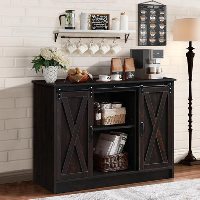 Farmhouse Coffee Bar Cabinet with Sliding Barn Door, Coffee Bar Table with Adjustable Shelves, Buffet Cabinet with Storage Wine Bar Cabinet for Kitchen Living Dining Room
