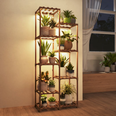 Grand support à plantes avec lumière de croissance, tablette pour plantes en bois pour plusieurs pots, grand support à plantes pour patio, salon et balcon