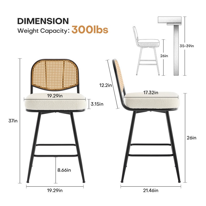 Upholstered Swivel Counter Stool With Rattan Backrest, Counter Stool (26” Seat Height), White