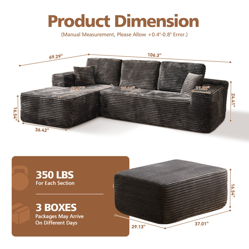 Seren Boneless 106" Modular L-shaped Sectional Sofa With Ottoman, No-assembly Cloud Couch, Boneless Design For Modern Living