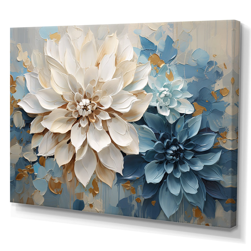 Dahlia blanc et bleu minimaliste, Toile tendue, H 30 po x l 40 po x P 1,5 po