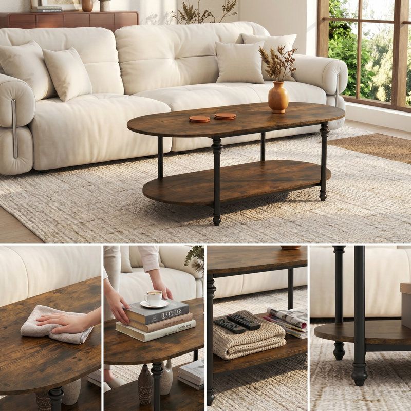 Oval Coffee Table, 2-Tier Rustic Wood Storage Table with Metal Legs, Vintage-Modern Center Table