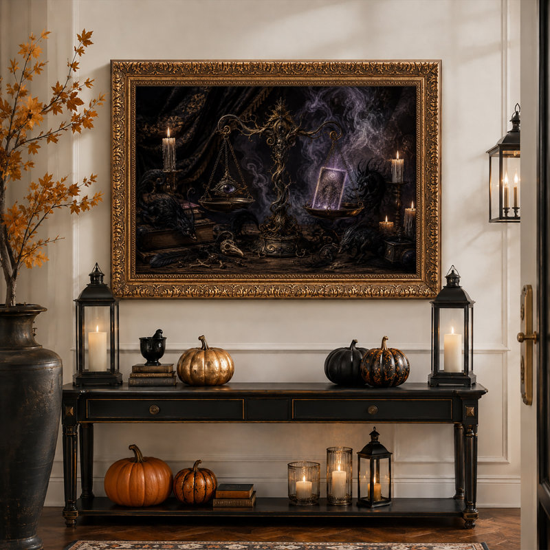 Tableau mural sur toile orné d'une balance dorée avec carte de tarot lumineuse et motif d'Halloween, H 20 po x l 30 po