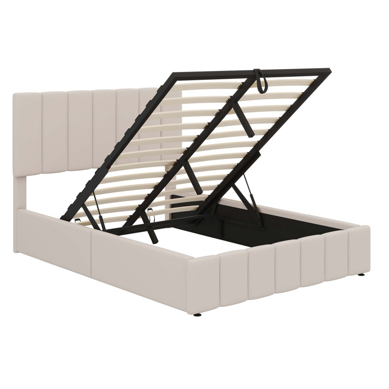 Un lit plateforme tapissier présentant un mécanisme de rangement hydraulique, Beige, Full