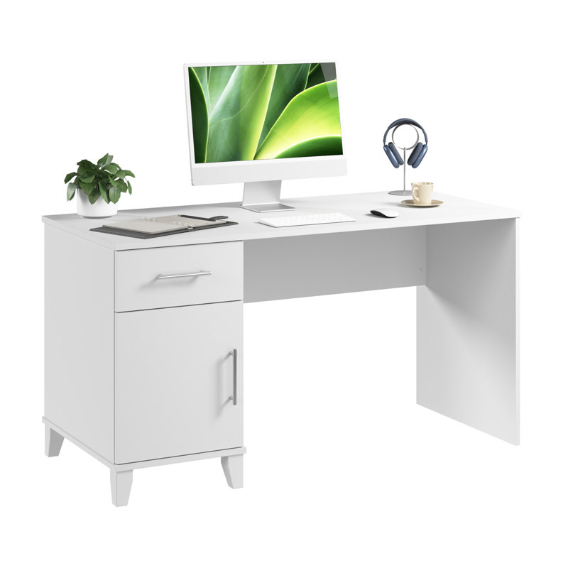 Orkurga 54” Office Desk with Drawer and Cabinet, Computer Office Desk with Storage, Modern Wood, White, White