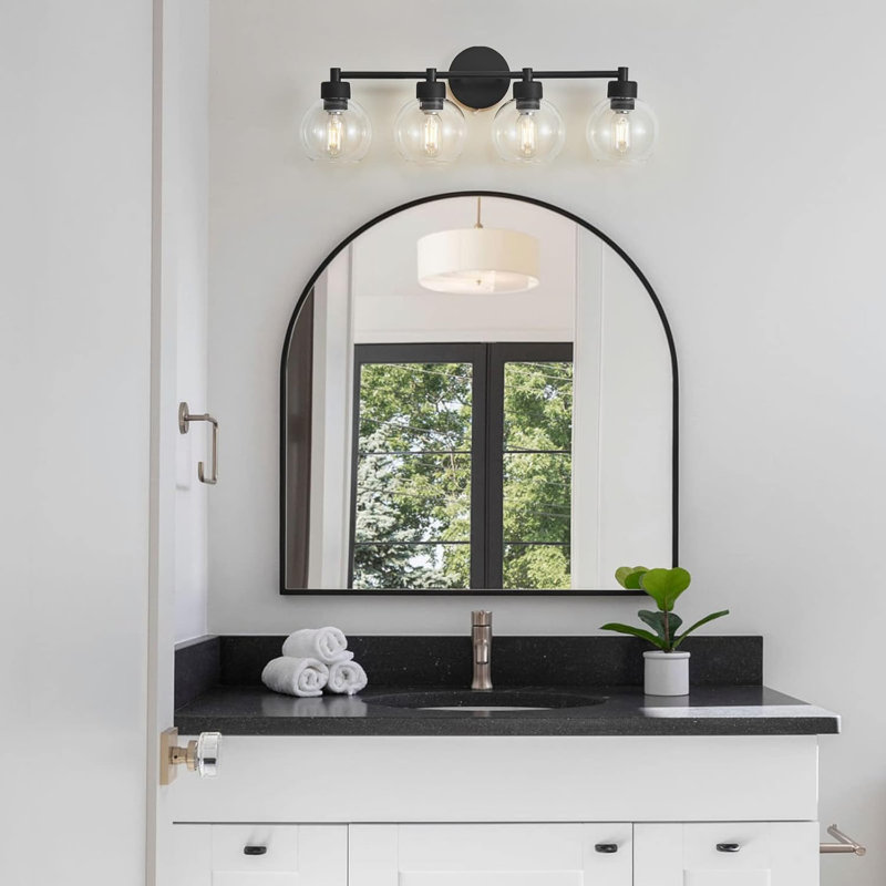 Matte Black Vanity Light Fixture With Clear Glass Shades, 4-Light Bathroom Lighting For Mirror, Stairs, And Kitchen, Industrial Modern Design