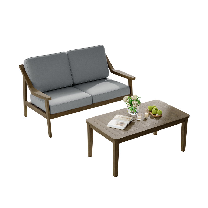 Marlo Teak Outdoor Two-person Patio Set With Cushions And Coffee Table, Brown, Gray