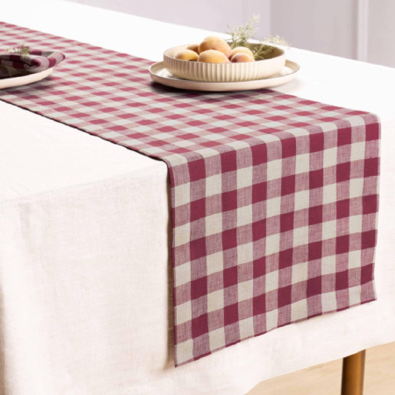 Morgan Check - 100% Pure Linen Table Runner, 108" x 14", Burgundy/Natural