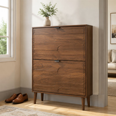 Armoire à chaussures 31,5 po (12 à 16 paires), armoire à chaussures rabattable, armoire décorative pour hall d'entrée, avec finition sculptée horizontale, structure en panneau de particules, style Mid-Century moderne / style campagne moderne, brun