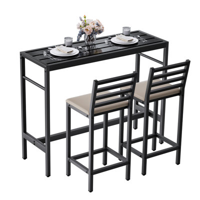 3-Piece Outdoor Patio Bar Set, 50" Rectangular Counter Height High Top Table & 2 Cushioned 41" Metal Stools, Bar Table and Chairs for Poolside, Balcony, Backyard