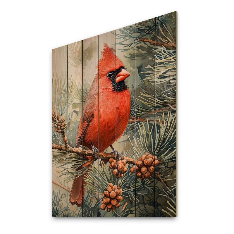 Oiseau cardinal parmi les pins I - Art mural en bois oiseau - sur bois de pin naturel, H 44 po x l 34 po x P 0,78 po