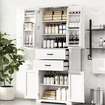 Armoire de rangement blanche de 72,5 pouces avec 2 tiroirs, 4 portes, tablette réglable, convenant à la salle de bain, à la salle à manger, de haute qualité, finition peinte, hauteur de basculement, 5 tablettes et plus, plusieurs pièces idéales,