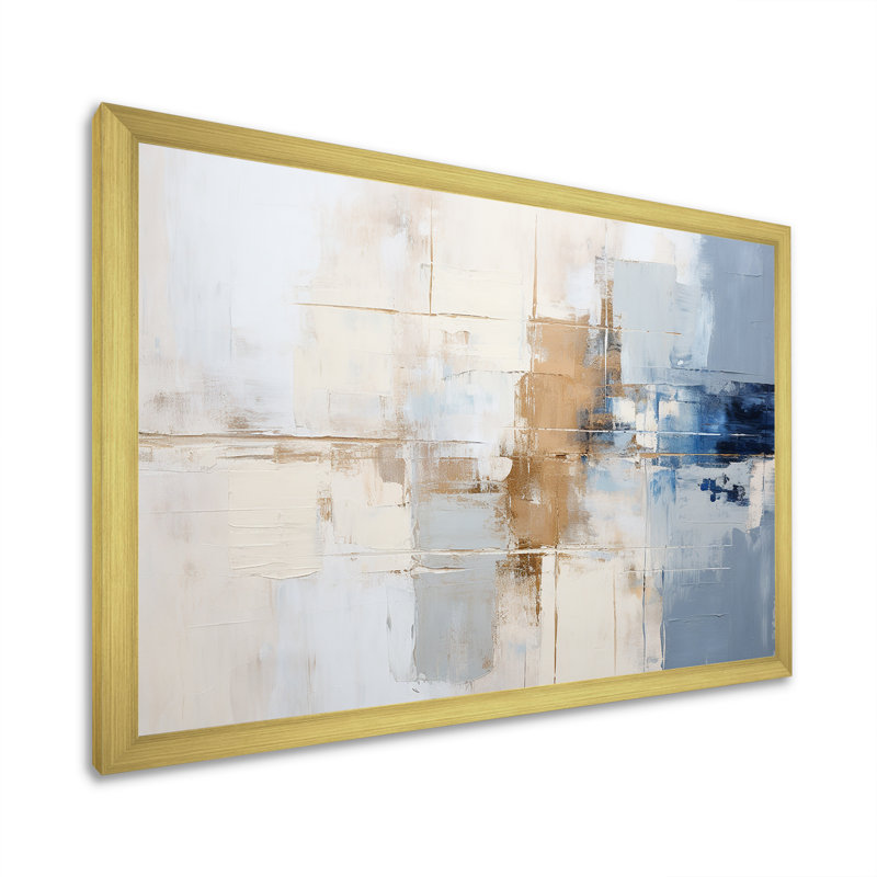 Peinture blanche et bleue Fusion - peinture abstraite, art mural, Cadre doré simple, H 30 po x l 40 po x P 1,5 po