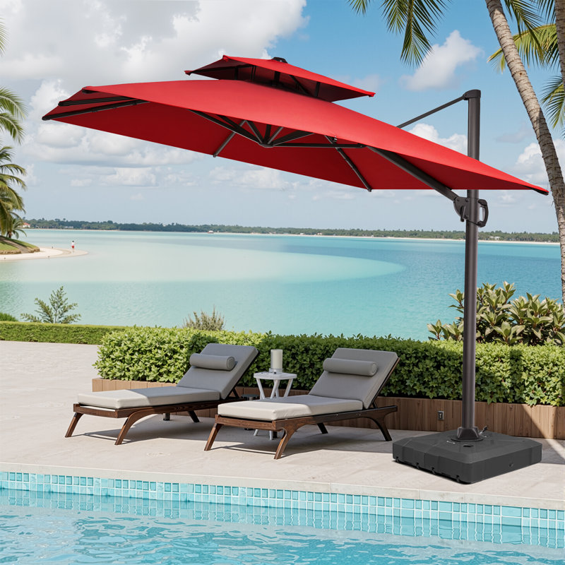 Parasol en porte-à-faux rectangulaire en aluminium avec base lestée 128 po x 104 po, Rouge