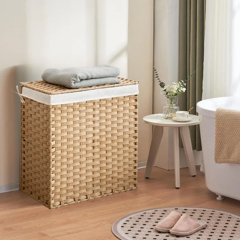 Panier à linge en osier tissé à la main avec couvercle, panier à linge en osier à 2 sections pour vêtements sales, avec doublure en lin lavable, grand