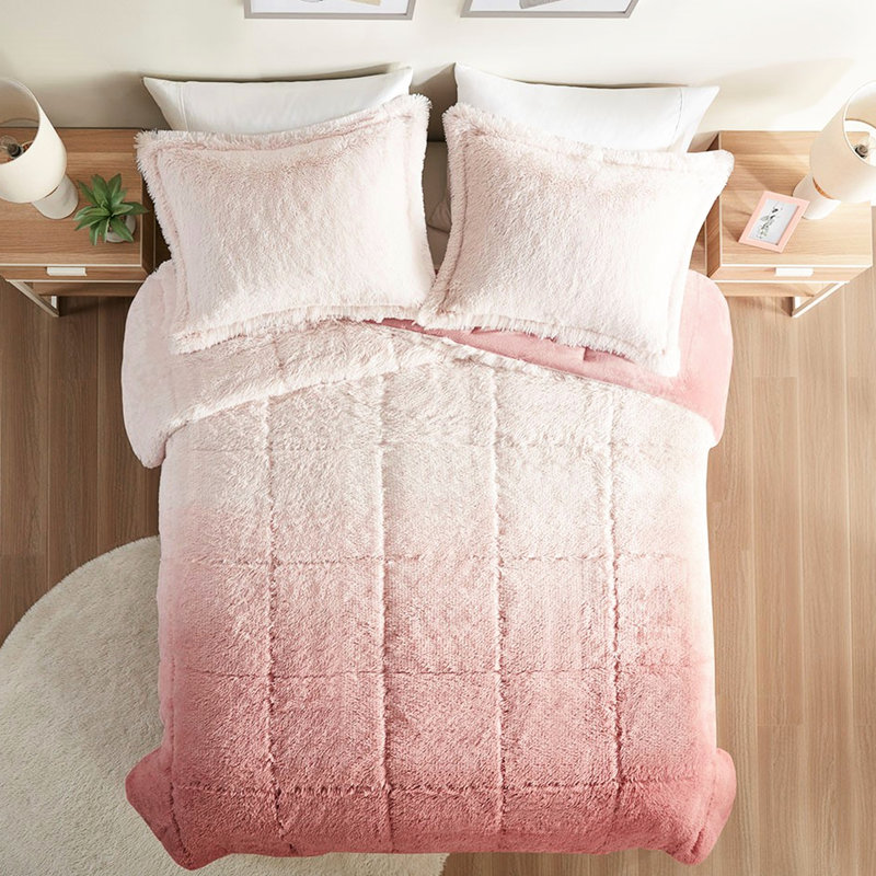 Full/Queen Shaggy Fur Comforter - , Ombre Style Faux Blush