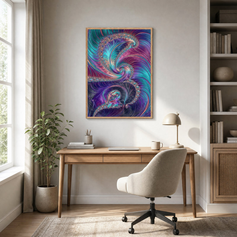Toile murale abstraite en spirale fractale turquoise et violette, H 48 po x l 32 po
