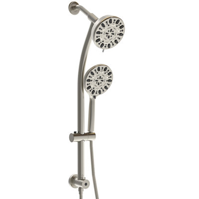 Ensemble de douche double en nickel brossé avec pommeau de douche de 12 cm, douchette de 18 cm, support coulissant réglable et flexible multifonctionnel : barre de pluie
