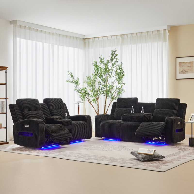 Ensemble de salon en velours côtelé inclinable 2 pièces avec porte-gobelet de rangement et haut-parleur Bluetooth Sizemore