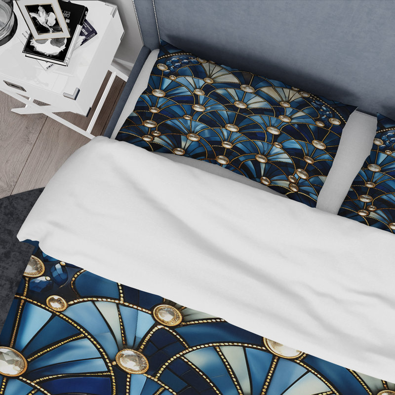 Ensemble de housse de couette Art Deco Blue Golden Tile Elegance 1 II - Abstract Geometric