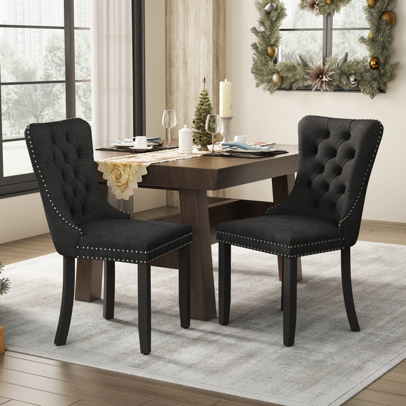 Tufted Velvet Wing Back Side Dining Chairs, Black, Black