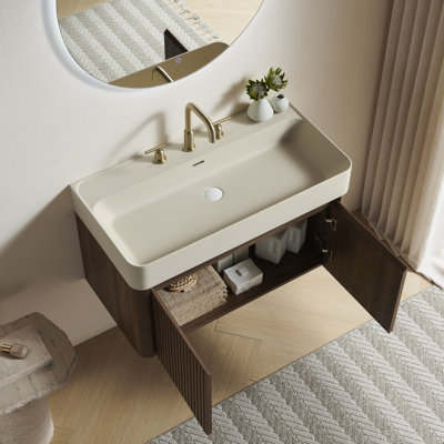LORAN 36 Bathroom Vanity&Sink,Floating Storage Cabinet,Warm Cream Beige Solid Surface Integrated Basin with 3 Pre-drilled Faucet Holes,Disassembled, Faucet&Drain Excluded, Walnut Woodgrain Colour