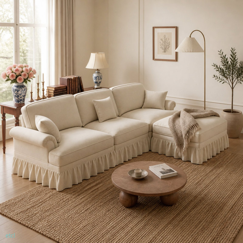 Upholstered 103.1 " Chenille Sectional, Chenille beige / blanc