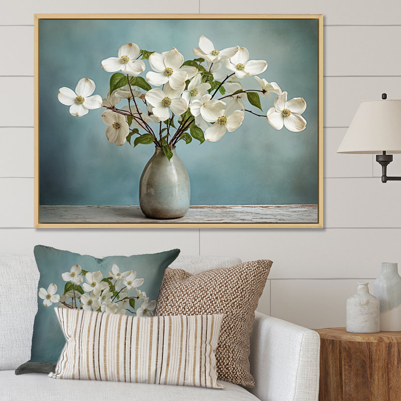 «Dogwood Bouquet Still Life» sur toile, Cadre flottant blanc, H 34 po x l 44 po x P 1,5 po