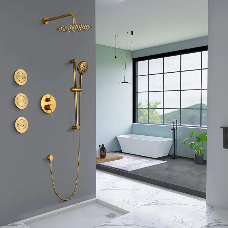 Système de douche à barre coulissante 12 po, ensembles de douche ronds, pomme de douche à pluie complète et combiné à 3 jets, fixation murale