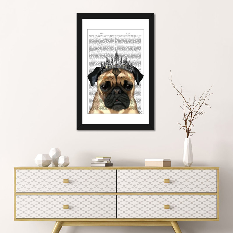 Fab Funky «Pug with Tiara», reproduction sur toile tendue, H 26 po x l 18 po x P 1,5 po, Papier d'art encadré noir, Blanc