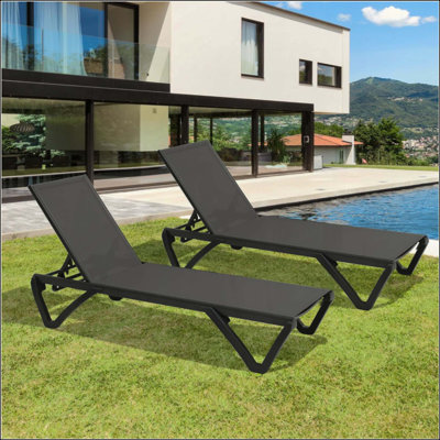 Pool Lounge Chairs Set Of 2, Aluminum Adjustable Outdoor Chaise Lounge With Wheels, All Weather Poolside Chairs For Deck Lawn Patio Backyard, PVC-coated polyester
