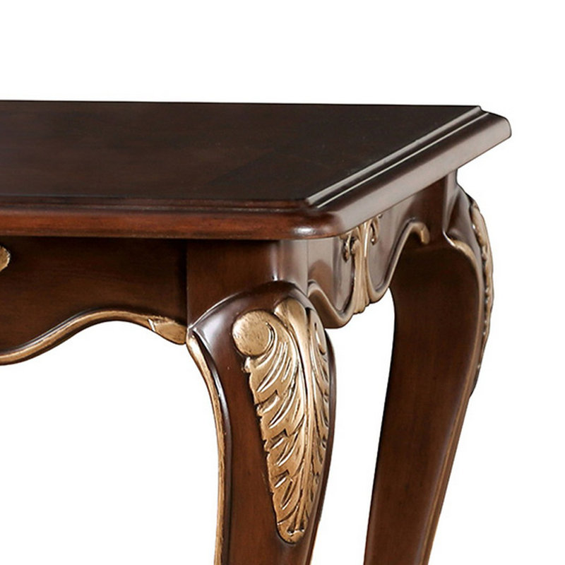Table de bout Saili, sculptures dorées, cabriole 29 po, bois brun tabac