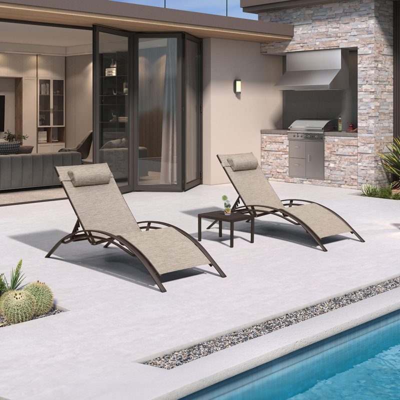 PURPLE LEAF Oversize Outdoor Chaise Lounge Chair Set of 3 Patio Pool Lounger Bronze Aluminum Chairs with Side Table Adjustable Tanning Recliner for Outside Backyard Yard Deck Balcony Beach