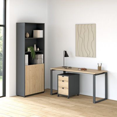 Armoire mobile 3 tiroirs 3 pièces, bureau d'écriture 59 "avec pieds en acier et bibliothèque à 6 tablettes avec portes Sign, gris mat / hickory Jackson