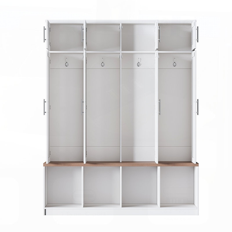 Farmhouse Hall Tree with 4 Hidden Hooks, Versatile Seating Bench, and 8-Door Shoe Cabinet for Entryway Organization