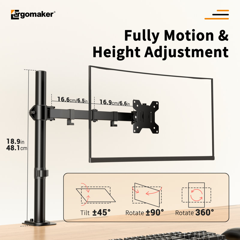 Support pour écran de bureau simple ERGOMAKER, support pour écrans de 13 à 27 po, bras d'affichage entièrement réglable avec pince en C et base à œillets, VESA 75 x 75 100 x 100 mm, noir