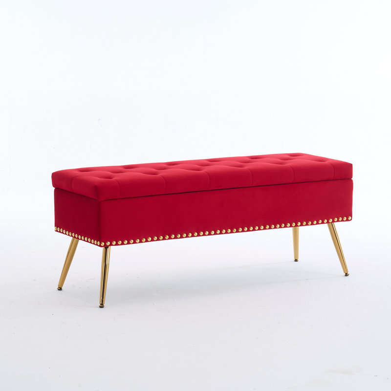 Banc repose-pieds en velours avec rangement, Rouge, H 18 po x l 46 po x P 15,5 po