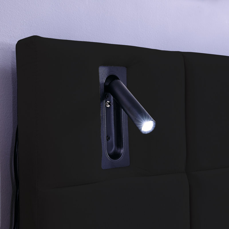 Très grand lit plateforme tapissier hydraulique en velours avec 2 tablettes, 2 lampes de lecture et port USB, noir