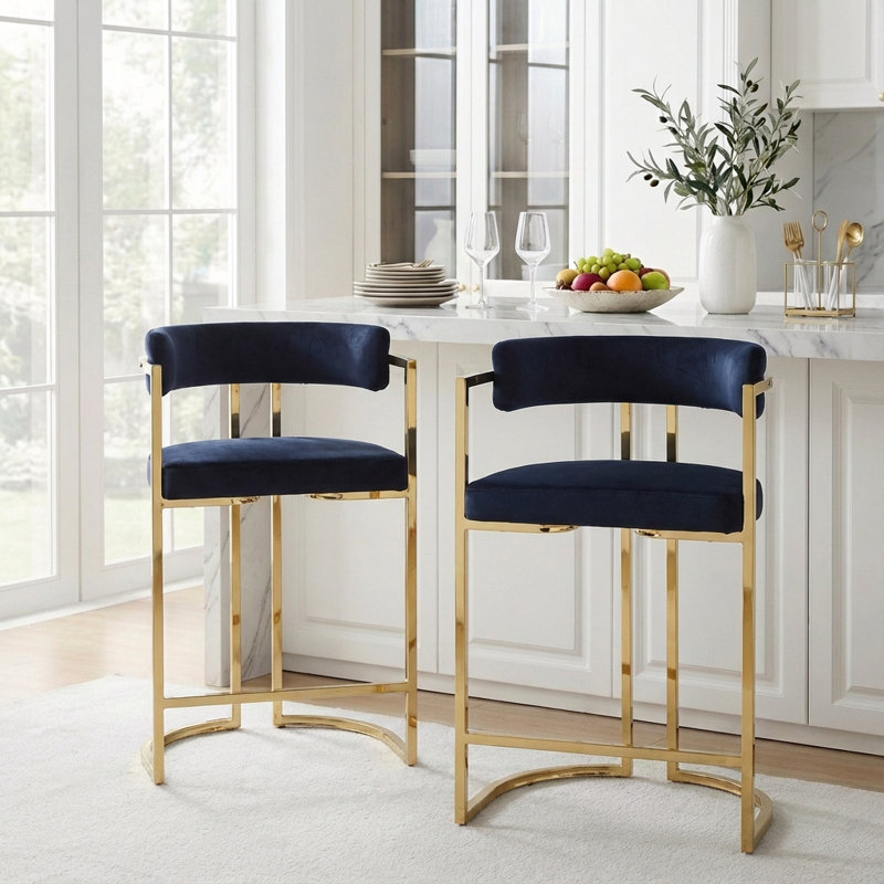 Tabouret Kojno, Tabouret de comptoir (siège d'une hauteur de 26 p, Siège noir / cadre doré